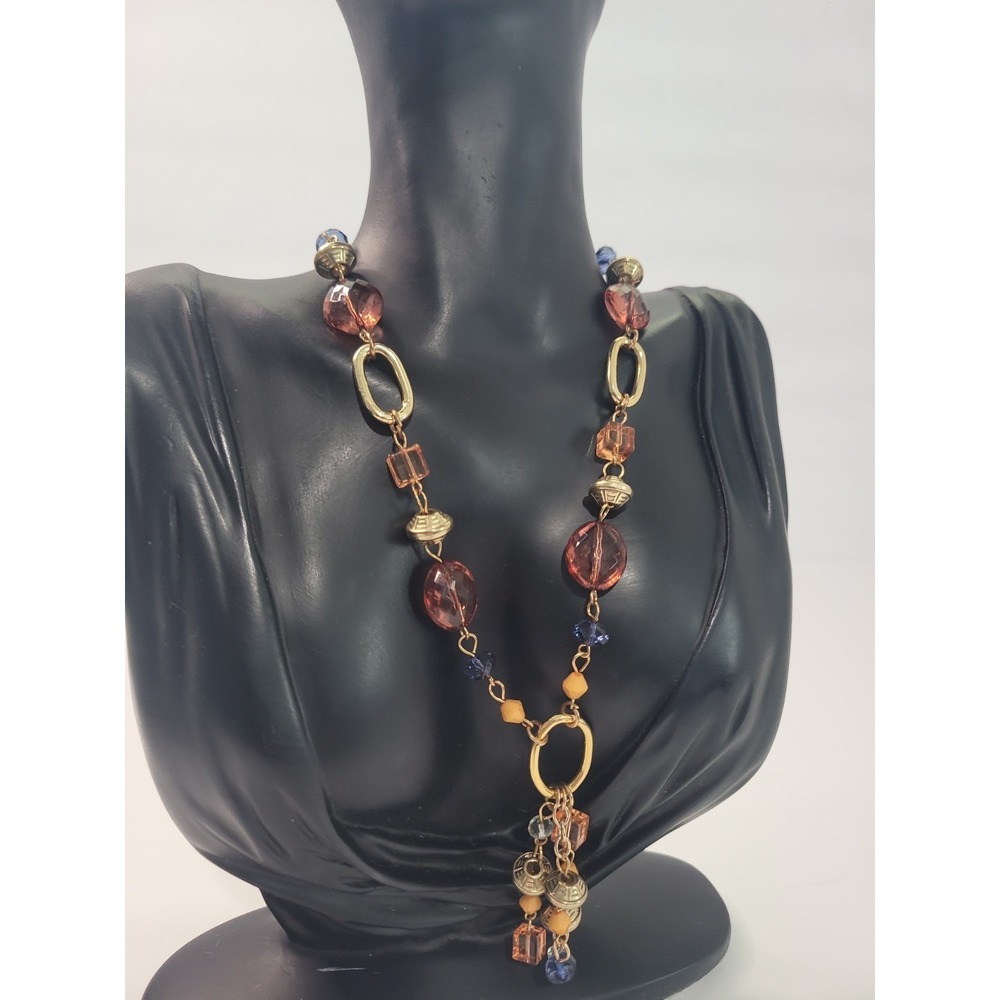 Gold Tone Mixed Bead Long Drop Necklace Orange Blue Brown Boho Dangle Tassel